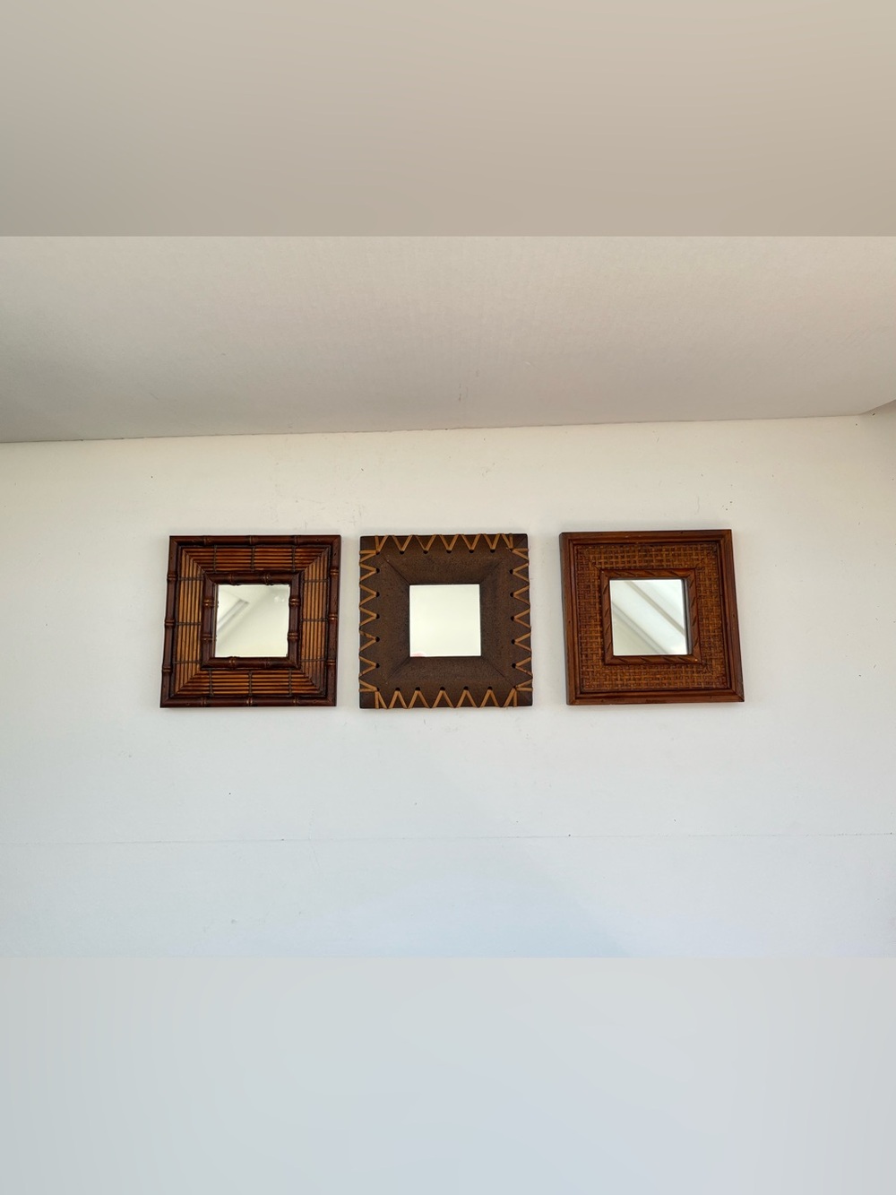 Vintage wall mirror set wood bamboo MCM